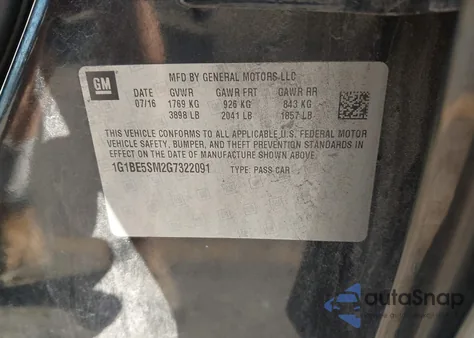 2016 Chevrolet Cruze Lt Auto из США, поврежденный, VIN 1G1BE5SM2G7322091